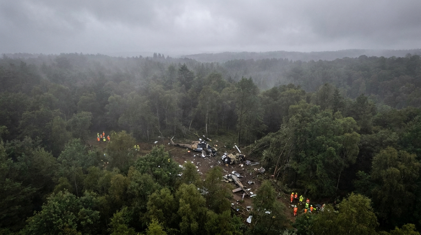 Destroços de helicóptero em área de mata