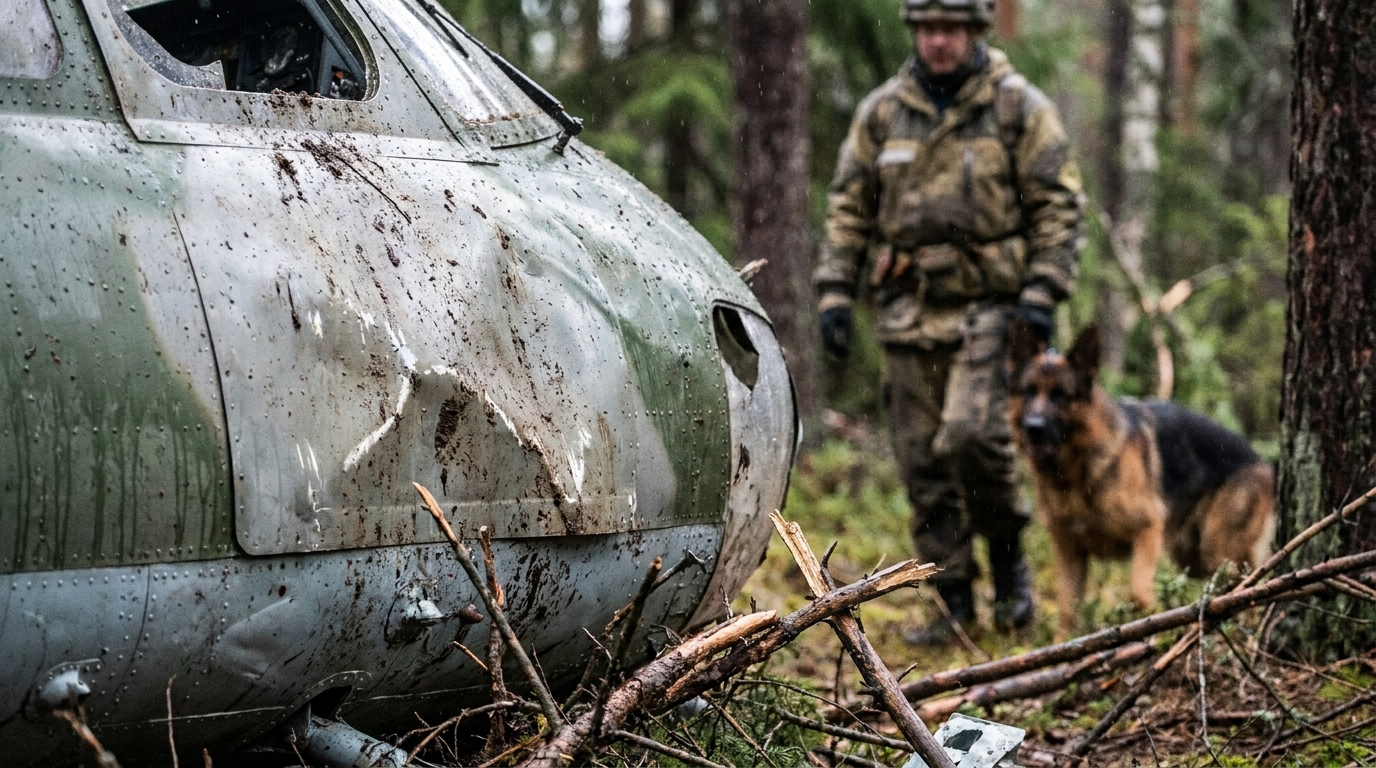 Parte dos destroços do helicóptero no local do acidente